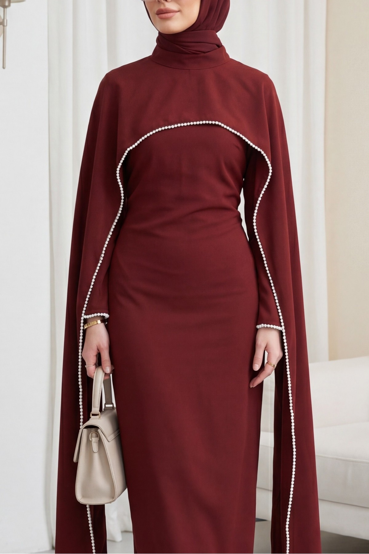 Crepe Abaya Dress with Pearl Details, Detachable Cape, Spanish Sleeves, and Lining  -Maroon
