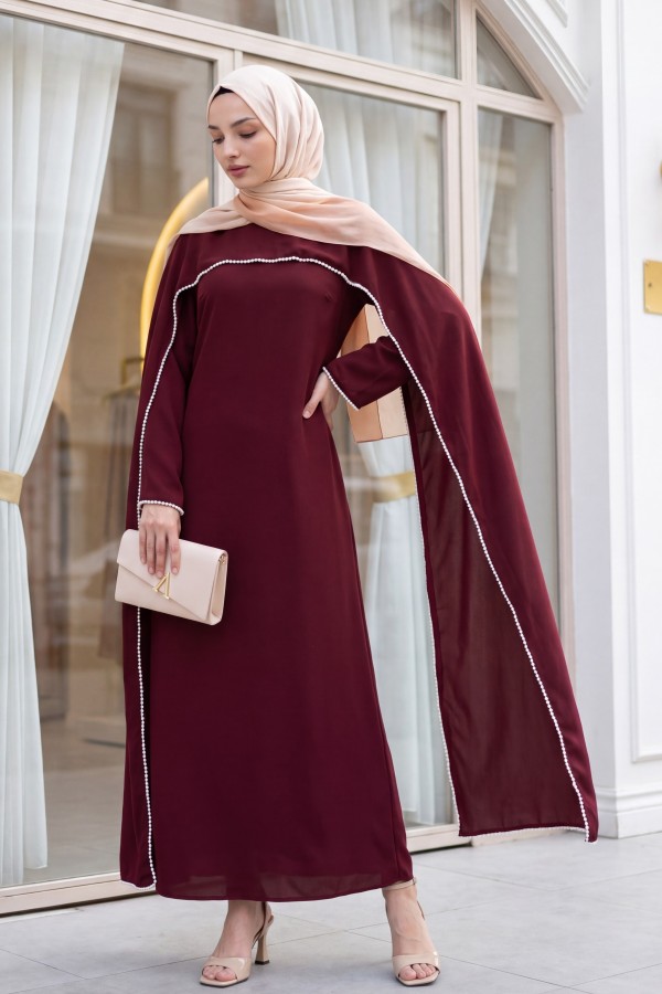 İnci Detaylı Çıkarılabilir Pelerinli İspanyol Kol Astarlı Krep Abaya Elbise  -Bordo