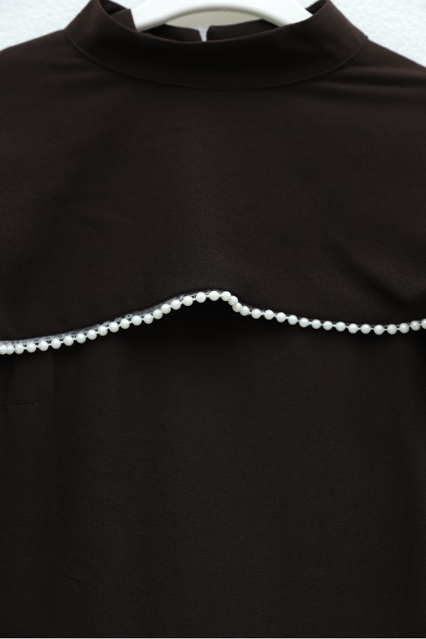 Crepe Abaya Dress with Pearl Details, Detachable Cape, Spanish Sleeves, and Lining  -Dark Coffee
