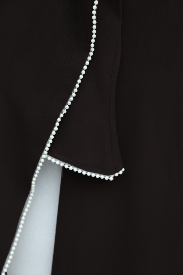 Crepe Abaya Dress with Pearl Details, Detachable Cape, Spanish Sleeves, and Lining  -Dark Coffee