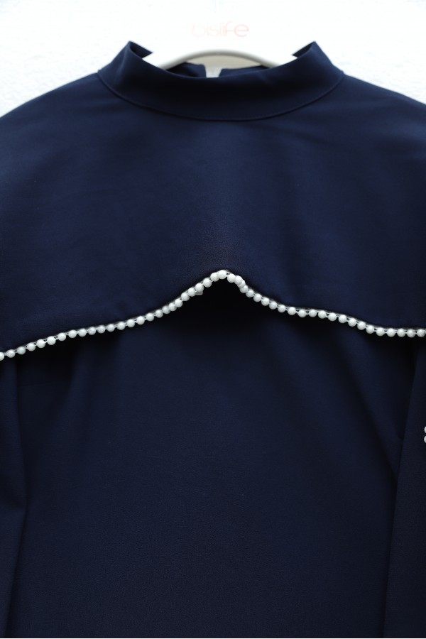 Crepe Abaya Dress with Pearl Details, Detachable Cape, Spanish Sleeves, and Lining  -Navy blue