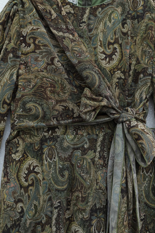 Front-tie, Elasticated Sleeve, Patterned, Lined Chiffon Dress -Khaki