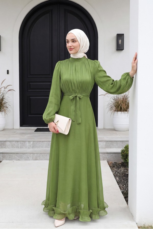 Shimmering Chiffon Dress with Ruffled Skirt and Belt   -Green