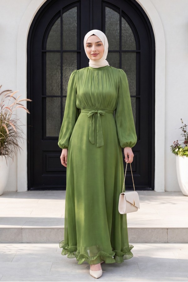 Shimmering Chiffon Dress with Ruffled Skirt and Belt   -Green