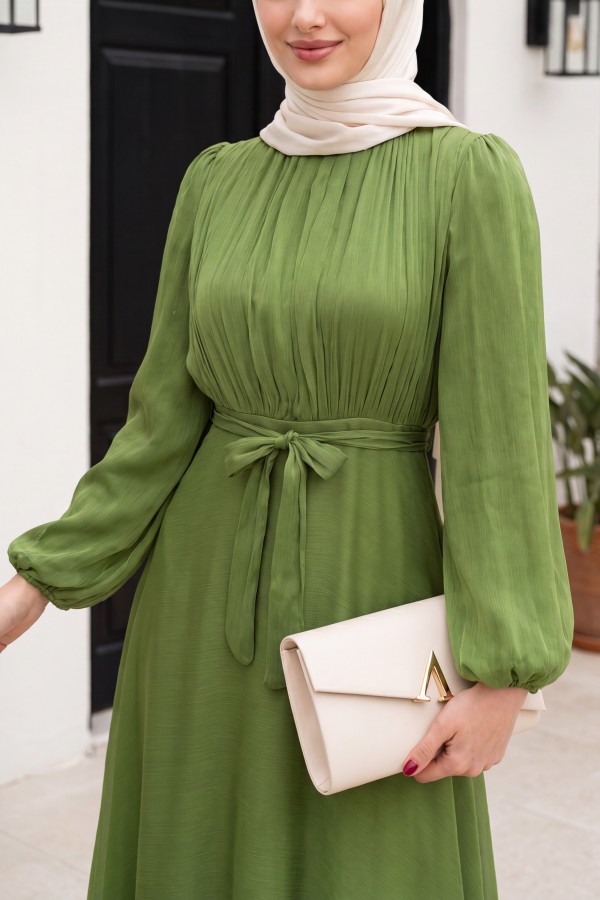 Shimmering Chiffon Dress with Ruffled Skirt and Belt   -Green