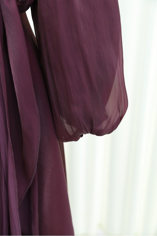 Janjan Fabric Dress with Cross Front Tie Detail   -Damson