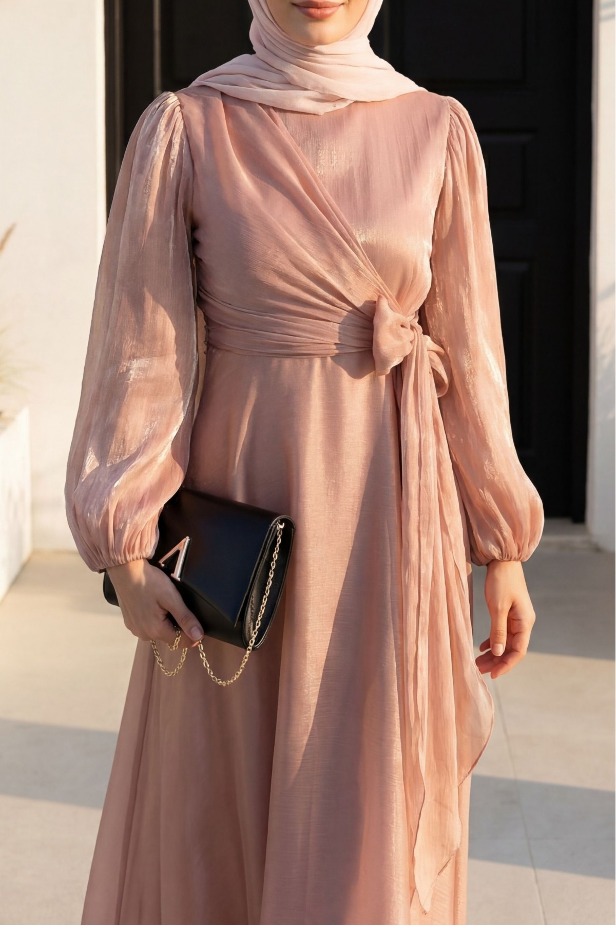 Janjan Fabric Dress with Cross Front Tie Detail   -Salmon
