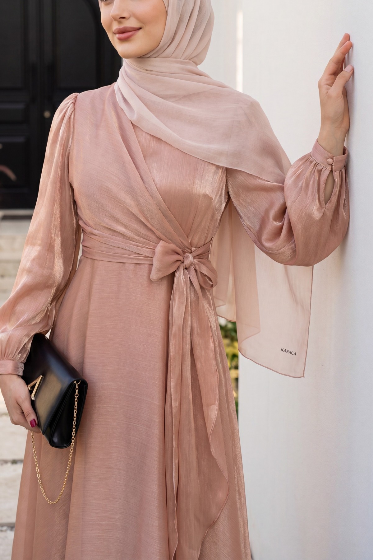 Janjan Fabric Dress with Cross Front Tie Detail   -Salmon