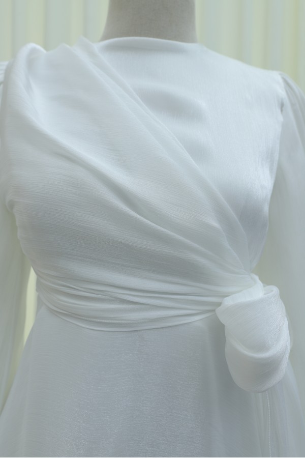 Janjan Fabric Dress with Cross Front Tie Detail    -White