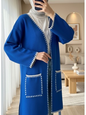 Çift Cepli Kuşaklı Triko Hırka -Saks