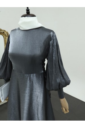 Yanları Bağlamalı Balon Kol Jakarlı Abiye -Antrasit