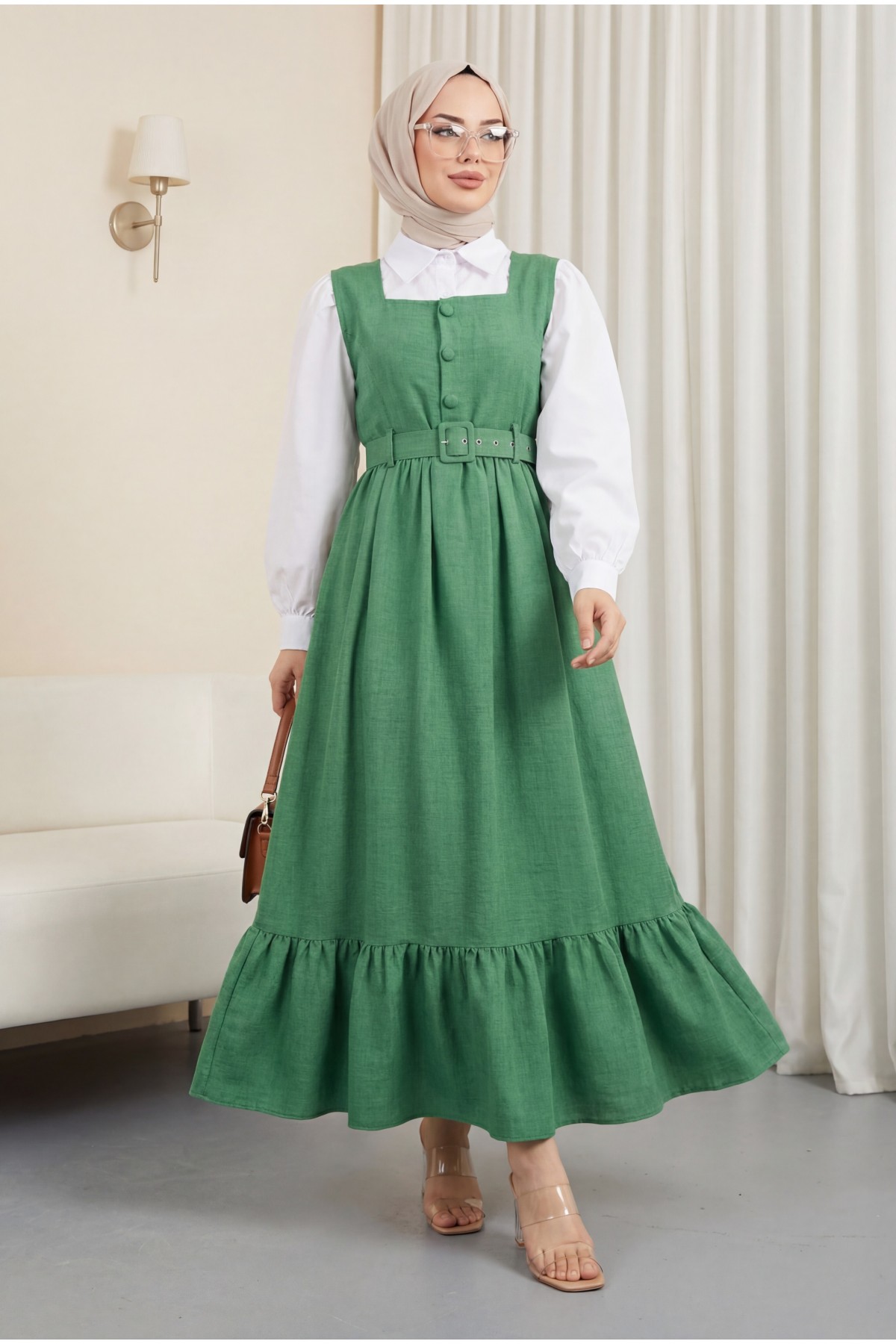 Top Buttoned Shirt Double Suit Gilet -Green
