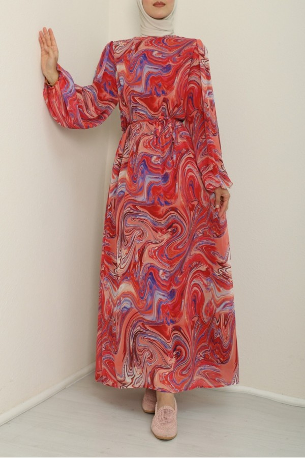 Batik Printed Lined Chiffon Dress  -Brick color