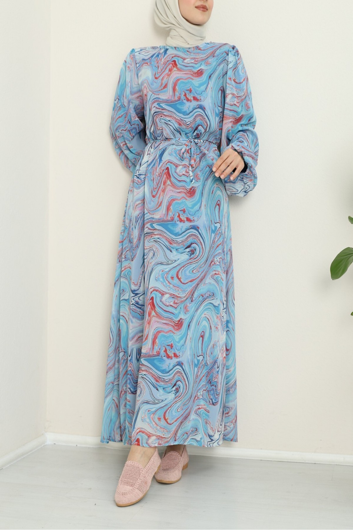 Batik Printed Lined Chiffon Dress  -Blue