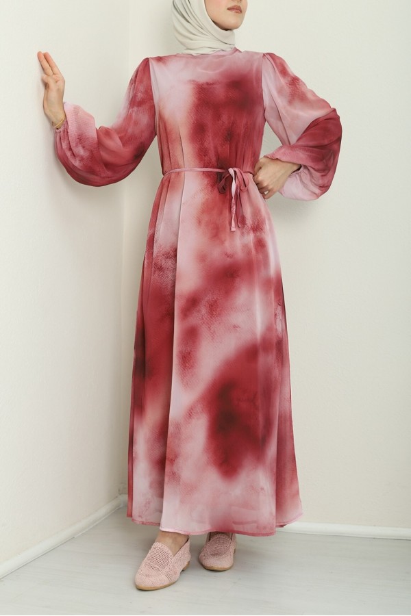 Batik Baskılı Astarlı Şifon Elbise  -Bordo