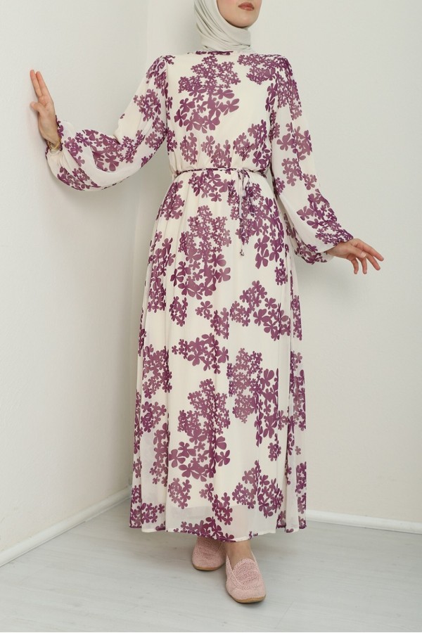 Batik Printed Lined Chiffon Dress   - Purple