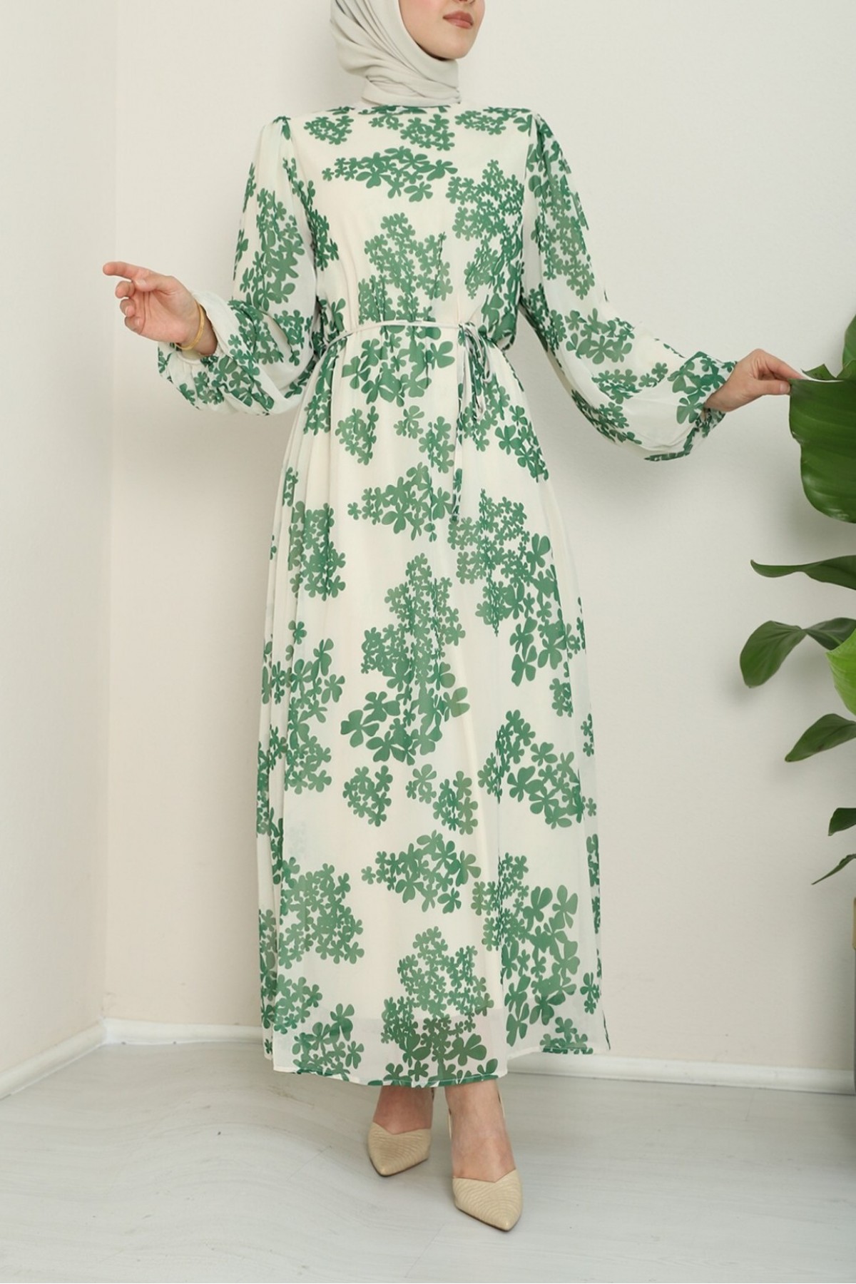 Batik Printed Lined Chiffon Dress   -Forest Green