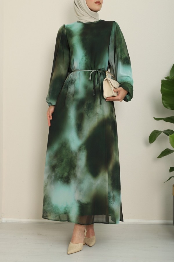 Batik Printed Lined Chiffon Dress   -Emerald