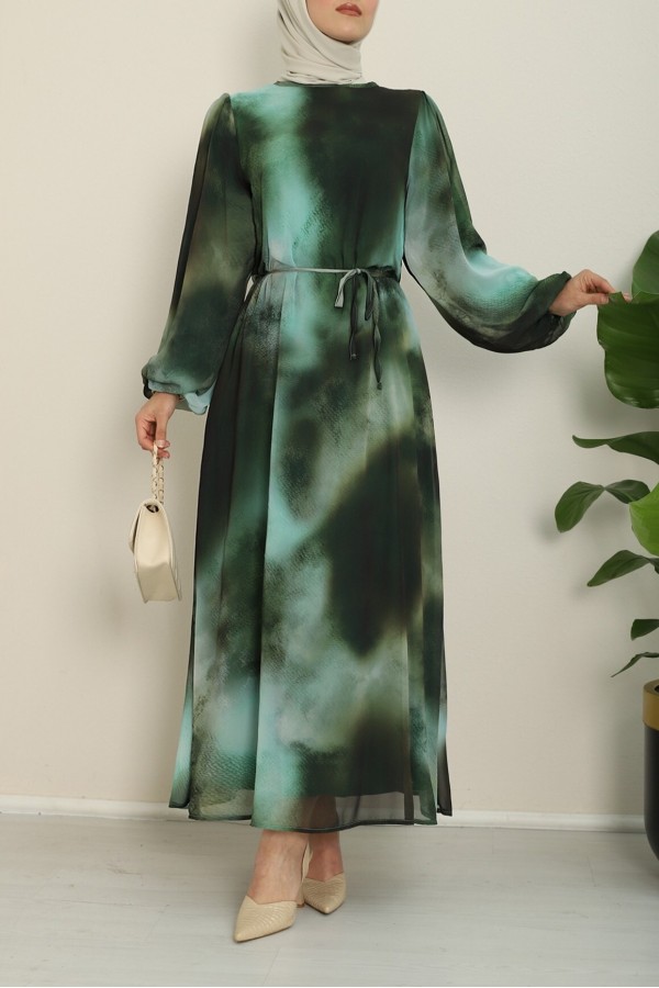 Batik Printed Lined Chiffon Dress   -Emerald