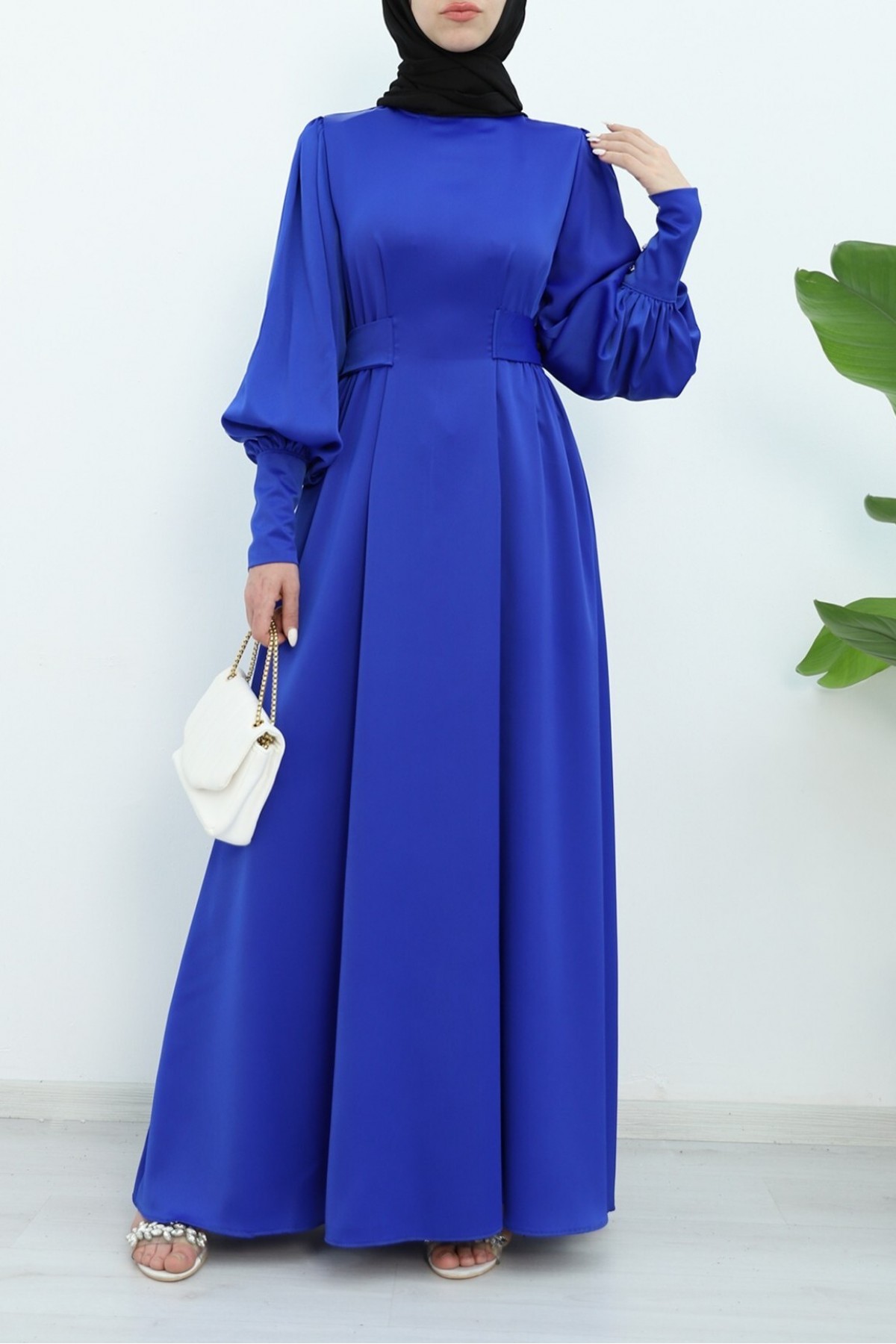 Long Cuffed Waist Tied Satin Balloon Sleeve Dress  -Saxe 