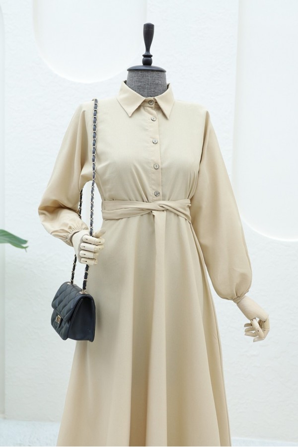 Half Buttoned Tie Waist Dress -Light Mink