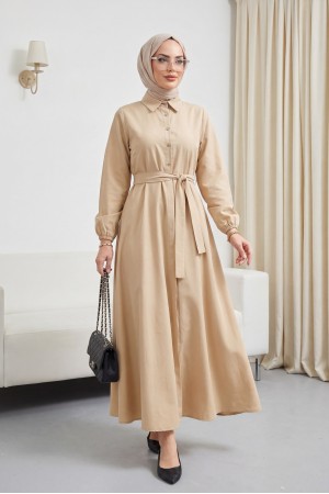 Half Buttoned Tie Waist Dress -Light Mink