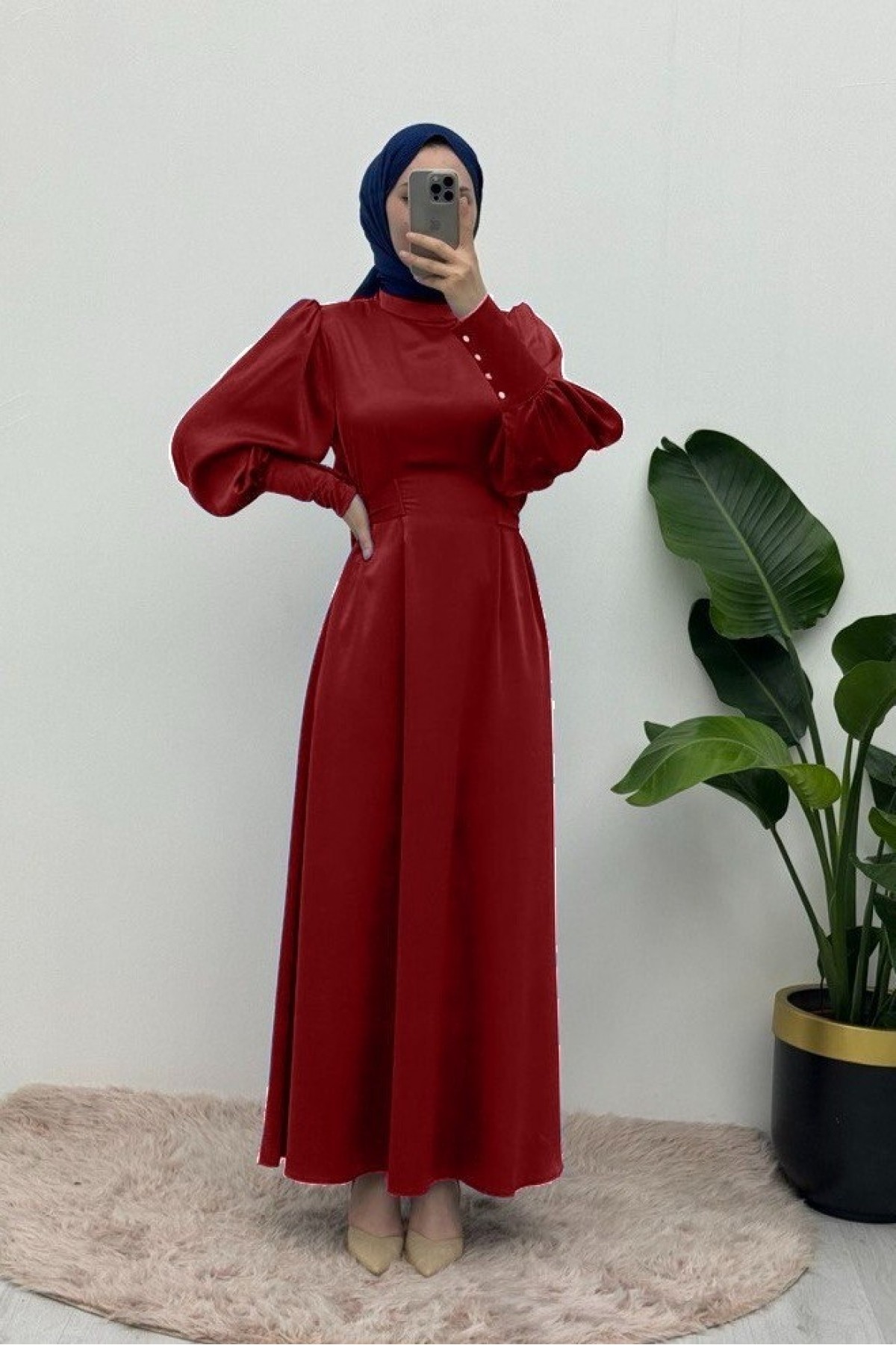 Long Cuffed Waist Tied Satin Balloon Sleeve Dress   -Red