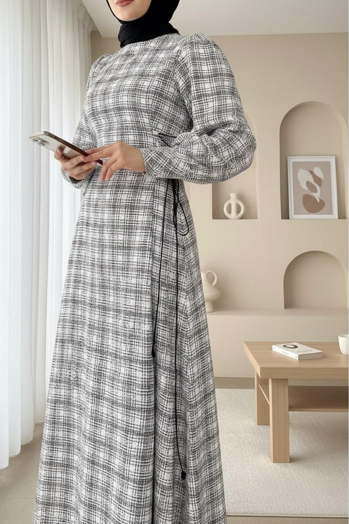 Round Neck Tweed Dress with Side Ties -White