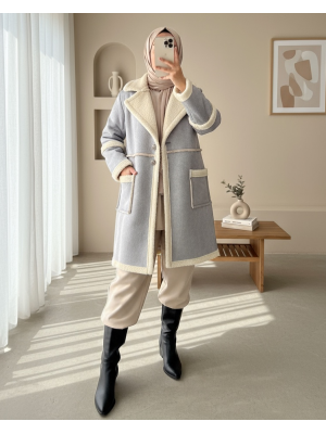 İçi Kürklü Çift Düğmeli Cepli Süet Kaban -Gri