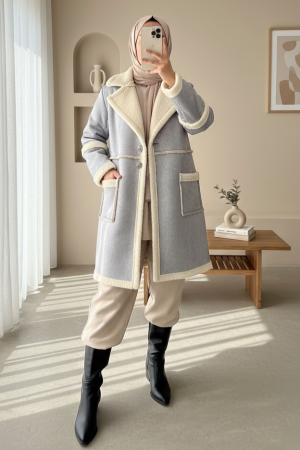 İçi Kürklü Çift Düğmeli Cepli Süet Kaban -Gri