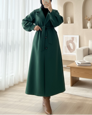 Balloon Sleeve Belted Lined Cashmere Coat -Emerald