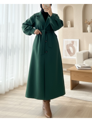 Balon Kol Kemerli Astarlı Kaşe Kaban -Zümrüt