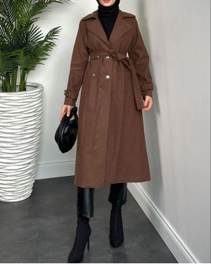 Double Breasted Buttoned Cashmere Coat -Brown