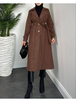 Kruvaze Yaka Düğmeli Kaşe Kap -Kahve