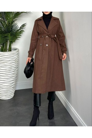 Kruvaze Yaka Düğmeli Kaşe Kap -Kahve