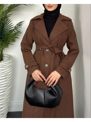 Kruvaze Yaka Düğmeli Kaşe Kap -Kahve