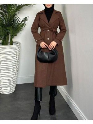 Kruvaze Yaka Düğmeli Kaşe Kap -Kahve