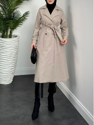 Kruvaze Yaka Düğmeli Kaşe Kap -Taş