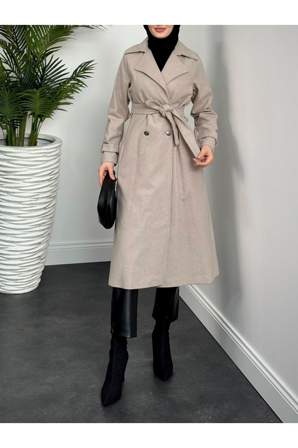 Double Breasted Buttoned Cashmere Coat -Stone
