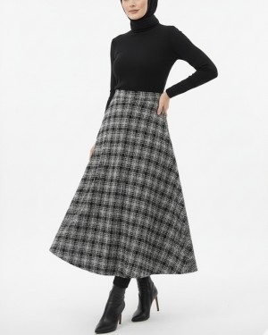 Tweed Bell Skirt with Waist Zipper -Black