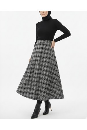Tweed Bell Skirt with Waist Zipper -Black