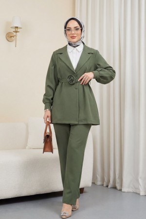 Kemeri Gül Detaylı Kruvaze Yaka Ceket Pantolon Takım  -Haki