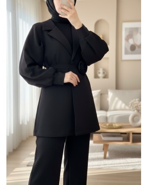 Kemeri Gül Detaylı Kruvaze Yaka Ceket Pantolon Takım  -Siyah