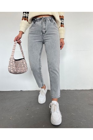 Beli Lastikli Yüksek Bel Kot Pantolon -Füme