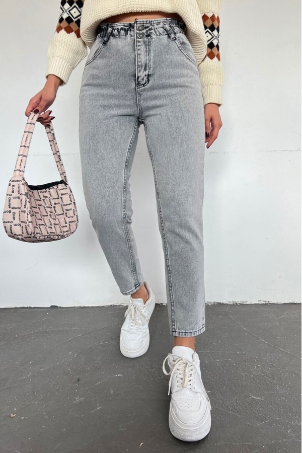 High Waist Jeans With Elastic Waist -Smoked 