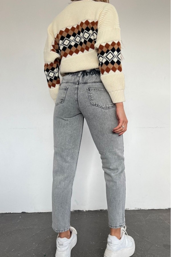 Beli Lastikli Yüksek Bel Kot Pantolon -Füme
