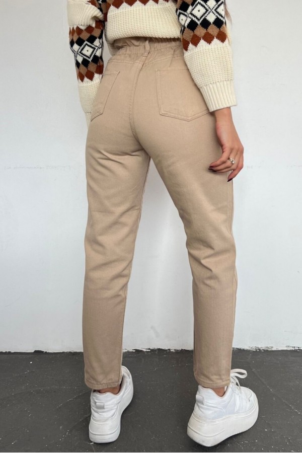 Beli Lastikli Yüksek Bel Kot Pantolon -Vizon