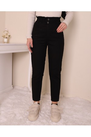 Beli Lastikli Yüksek Bel Kot Pantolon  -Siyah