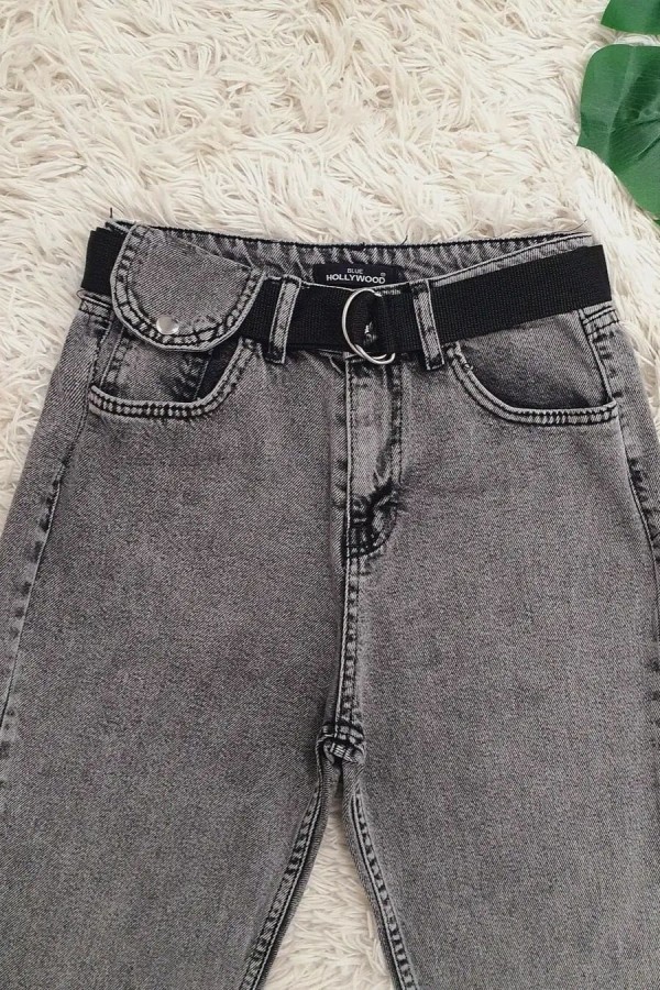 Metal Tokalı Kemerli Çıt Çıt Detaylı Kot Pantolon -Füme