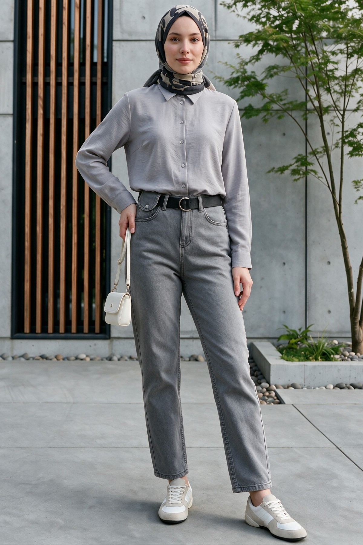 Metal Buckled Belt Snap Detailed Jeans -Grey